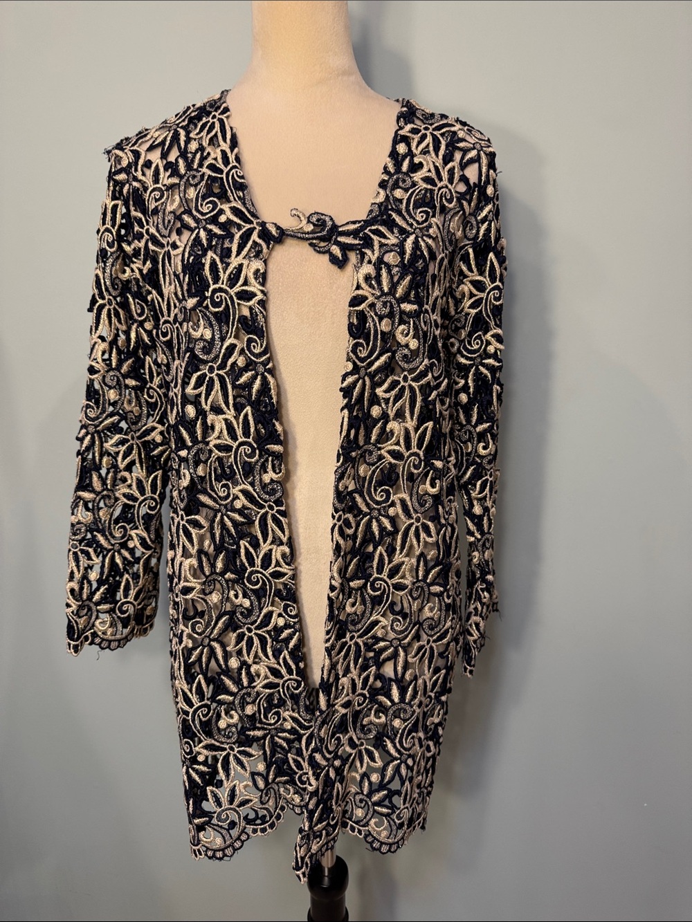 Unbranded Black & Cream Floral Embroidered Long Jacket